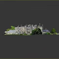 Cartoon Scene of a Large Castle with Green Lawn Trees Curved Driveway and Small Car