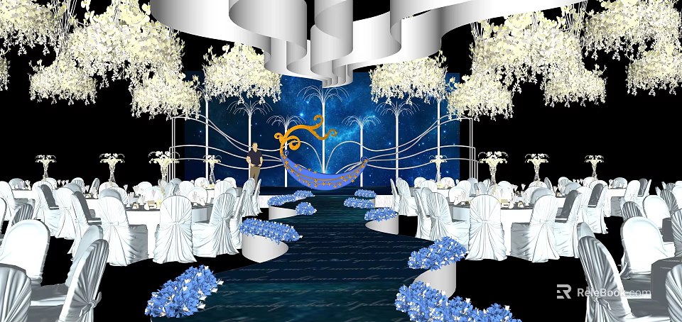 Elegant Banquet Hall With White Chandeliers Blue Backdrop White Tables And Decorative Flowers 3d model 