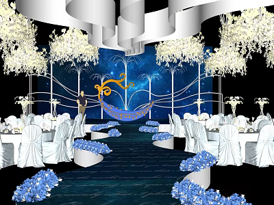Elegant Banquet Hall With White Chandeliers Blue Backdrop White Tables And Decorative Flowers 3d model