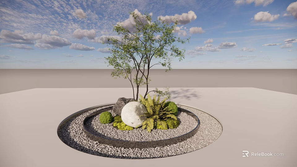 Bonsai Plant Arrangement with Circular Pebble Layout Green Plants and Stones Under Open Sky 3d model 