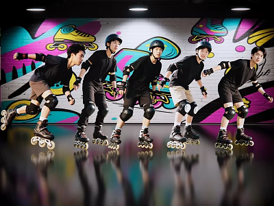 Men Roller Skating in Black Outfits With Helmets Against Colorful Graffiti Wall 3d model