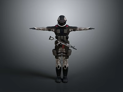 Tactical Armored Character with Helmet Rifle and Biological Creature Design Features 3d model