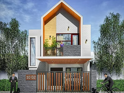 Modern Detached Villa Exterior with Balcony Green Plants Gate Number 1012 and Trees 3d model