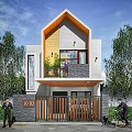 Modern Detached Villa Exterior with Balcony Green Plants Gate Number 1012 and Trees