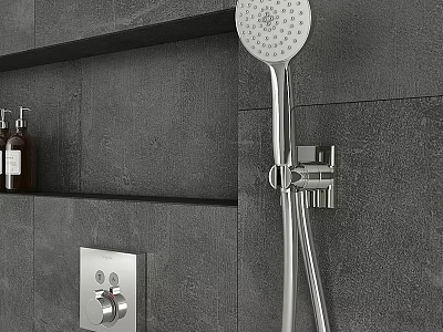 Bathroom Components Including Showerhead Control Knob And Shelf On Gray Wall 3d model