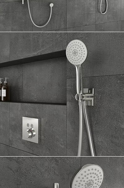 Bathroom Components Including Showerhead Control Knob And Shelf On Gray Wall 3d model