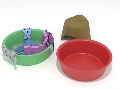 Colorful Plastic Basins With Clothes And Brown Lid For Daily Use 3d model