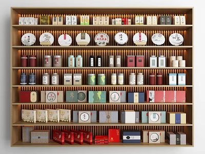Wooden Shelves Neatly Arranged With Various Tea Sets Tea Cakes Caddies And Boxes 3d model