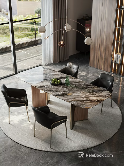 Modern Dining Table Set With Marble Top And Black Chairs In Contemporary Interior 3d model 