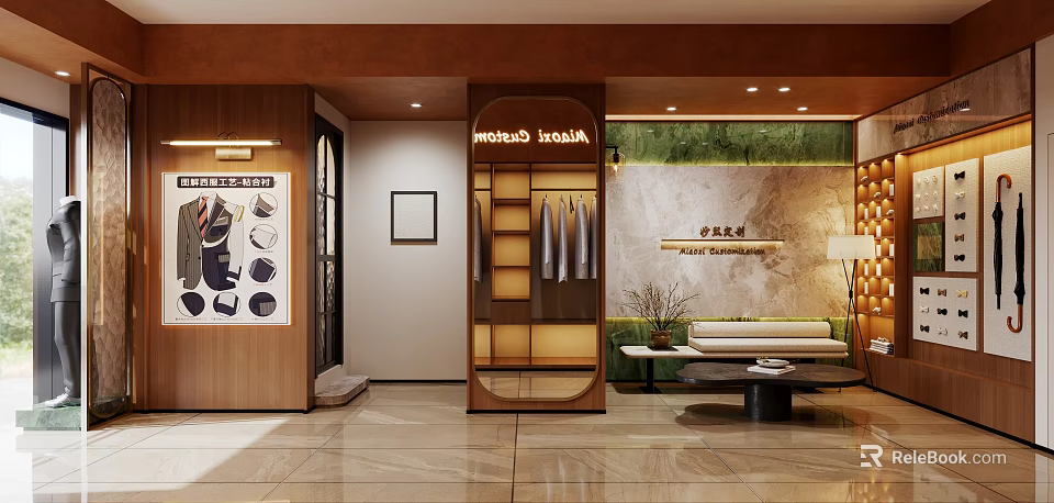 Modern Clothing Store Interior With Display Shelves Sofa Seating Decorative Wall And Warm Lighting 3d model 