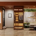 Modern Clothing Store Interior With Display Shelves Sofa Seating Decorative Wall And Warm Lighting
