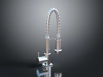 Modern Stainless Steel Faucet With Flexible Coiled Hose On Dark Reflective Surface 3d model
