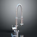 Modern Stainless Steel Faucet With Flexible Coiled Hose On Dark Reflective Surface