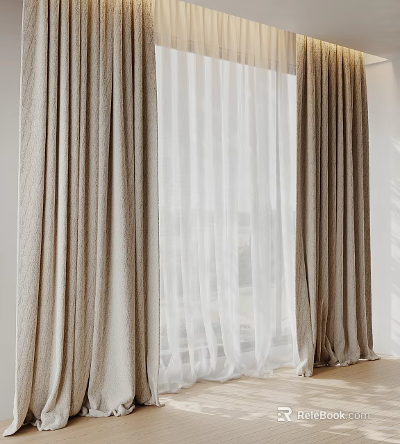 Modern Beige Linen Curtains With Sheer White Panels For Home Interior 3d model 