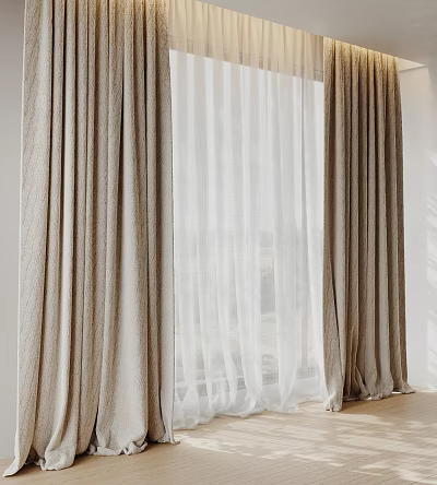 Modern Beige Linen Curtains With Sheer White Panels For Home Interior 3d model