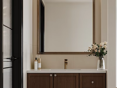 Modern Bathroom Interior With Large Mirror Wooden Vanity And Flower Vase 3d model