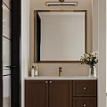 Modern Bathroom Interior With Large Mirror Wooden Vanity And Flower Vase