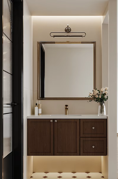 Modern Bathroom Interior With Large Mirror Wooden Vanity And Flower Vase 3d model
