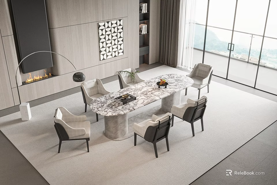 Modern Marble Top Dining Table Set With Chairs Floor To Ceiling Windows Fireplace View On Rug 3d model 