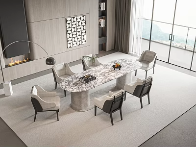 Modern Marble Top Dining Table Set With Chairs Floor To Ceiling Windows Fireplace View On Rug 3d model