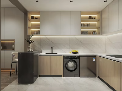 Modern Kitchen Interior With Marble Backsplash Wooden Cabinets Island Counter And Under Cabinet Lighting 3d model