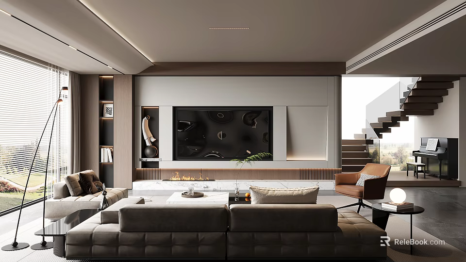 Modern Living Room Interior Design With Sectional Sofa TV Wall And Staircase Lighting 3d model 