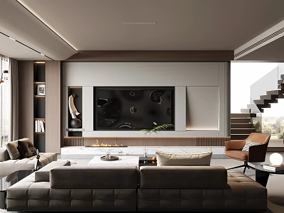 Modern Living Room Interior Design With Sectional Sofa TV Wall And Staircase Lighting 3d model