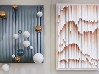 Modern Wall Art with Spheres on Gray Striped Background and 3D Layered Folds in Beige Brown Tones 3d model