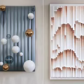 Modern Wall Art with Spheres on Gray Striped Background and 3D Layered Folds in Beige Brown Tones