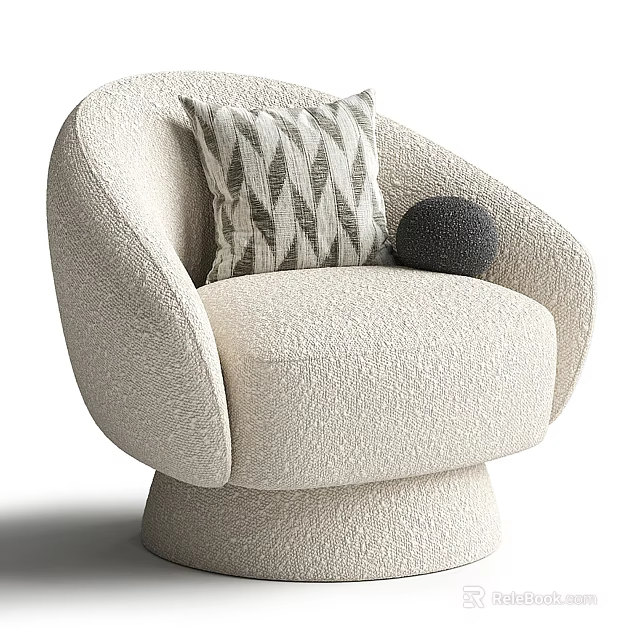 Beige Plush Armchair With Round Base Geometric Pattern Cushion And Black Decorative Ball 3d model 