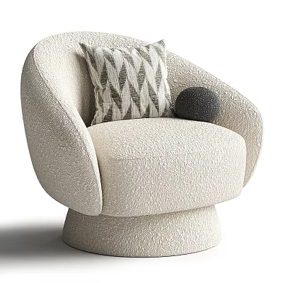 Beige Plush Armchair With Round Base Geometric Pattern Cushion And Black Decorative Ball 3d model