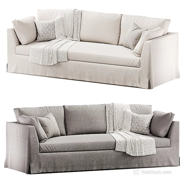 Neutral Toned Modern Linen Multi-Seat Sofa With Decorative Pillows And Throw Blanket 3d model 