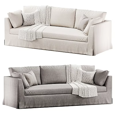 Neutral Toned Modern Linen Multi-Seat Sofa With Decorative Pillows And Throw Blanket 3d model