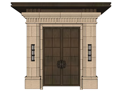 Traditional Entrance Door Design With Stone Frame Dark Wooden Panel And Side Wall Lamps 3d model