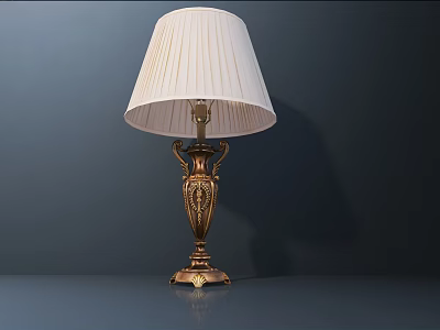 Elegant Table Lamp With White Pleated Lampshade And Golden Carved Base 3d model