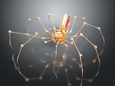Smart Machine With Spider Like Design And Golden Mechanical Legs Reflective Surface 3d model