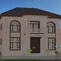 Two Story Detached Villa With Stone Facade Arched Windows Columns And Black Roof