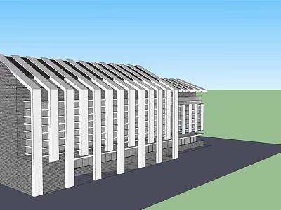 Modern Building Exterior With Angled White Roof Structures Gray Brick Walls And White Support Columns 3d model