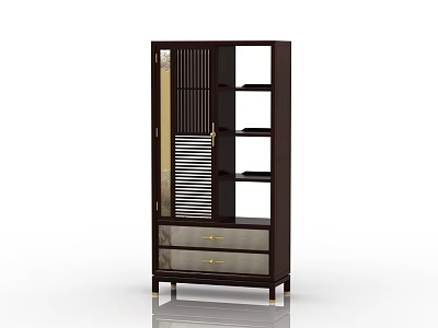 Modern Dark Decorative Cabinet With Glass Door Open Shelves Drawers Gold Handles And Legs 3d model