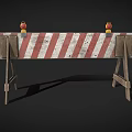 Red And White Striped Road Barrier With Wooden Support Stands And Yellow Warning Lights