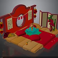 Traditional Chinese Interior With Red Archway Folding Screen Lanterns And Fortune Character