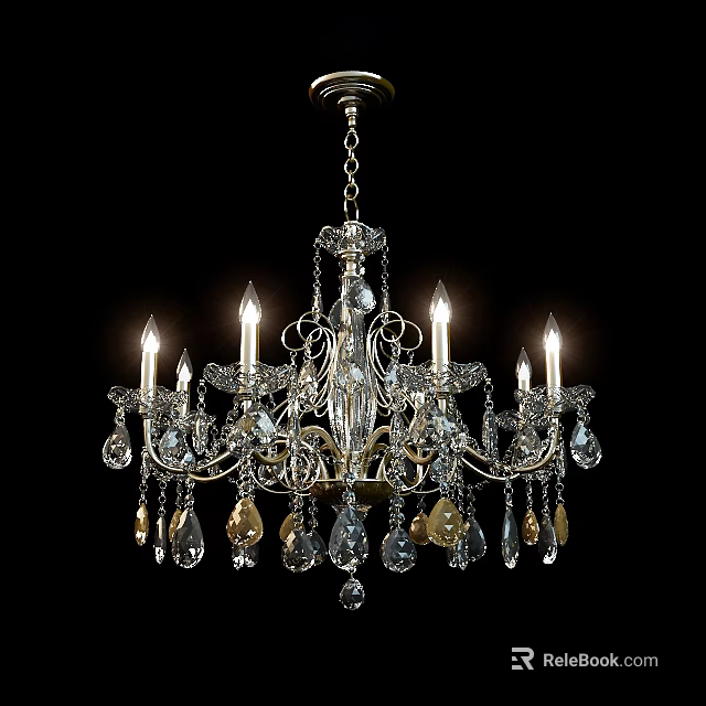 Classic Crystal Chandelier With Candle Shaped Bulbs And Ornate Crystal Pendants 3d model 