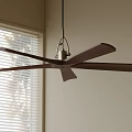 Modern Ceiling Fan With Dark Wooden Blades Hanging In Room With Window Blinds 3d model