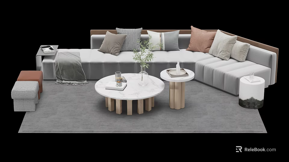 Modern L Shaped Gray Sofa with Decorative Pillows and Marble Coffee Table Set 3d model