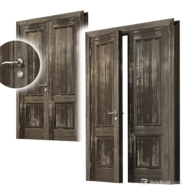 Vintage Wooden Double Doors With Distressed Finish And Metal Handles Locks 3d model 