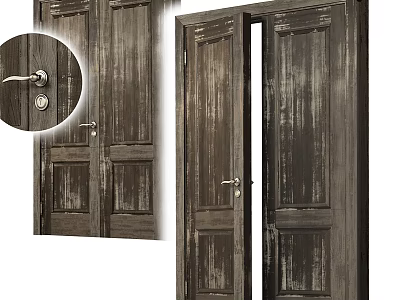 Vintage Wooden Double Doors With Distressed Finish And Metal Handles Locks 3d model