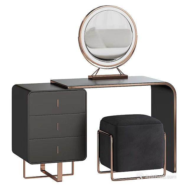 Modern Black Copper Dressing Table With Round Mirror Drawers And Upholstered Stool 3d model 