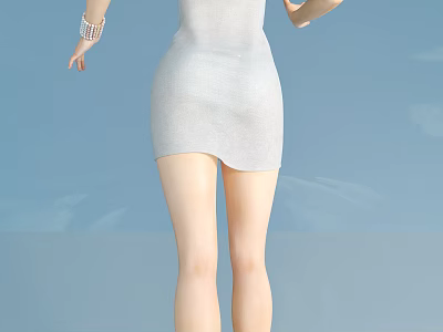 A Woman in Grey Dress from Behind Against Blue Background Wearing Watch on Wrist 3d model