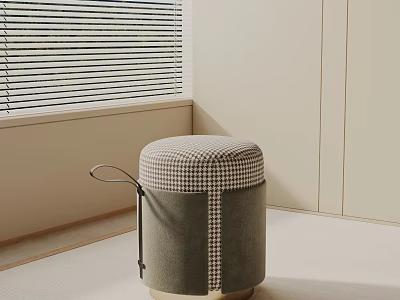 Modern Gray Houndstooth Upholstered Side Table With Metal Handle In Beige Room Corner 3d model