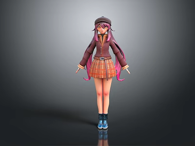 Anime Style Game Film Character With Purple Pink Long Hair Brown Coat And Plaid Skirt 3d model